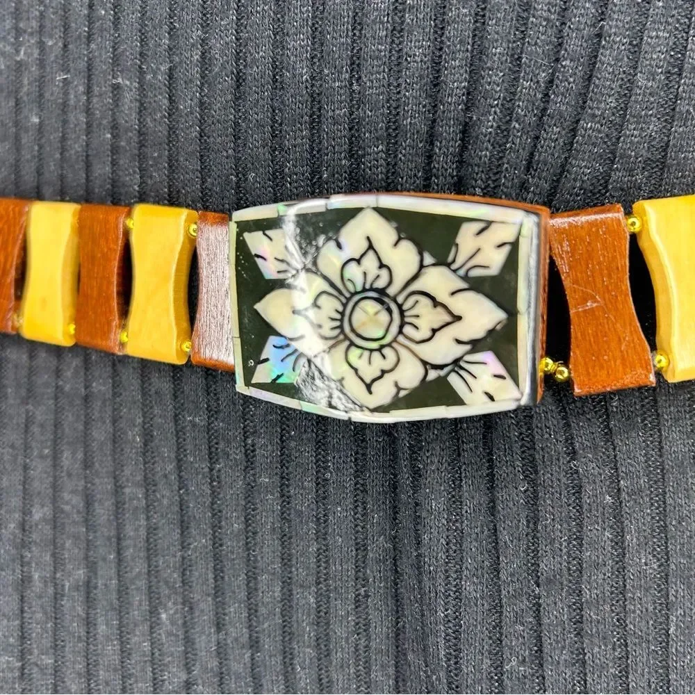 Vintage Enamel Wood Floral Buckle Belt Retro 70s Link Waist Belt Boho Festival